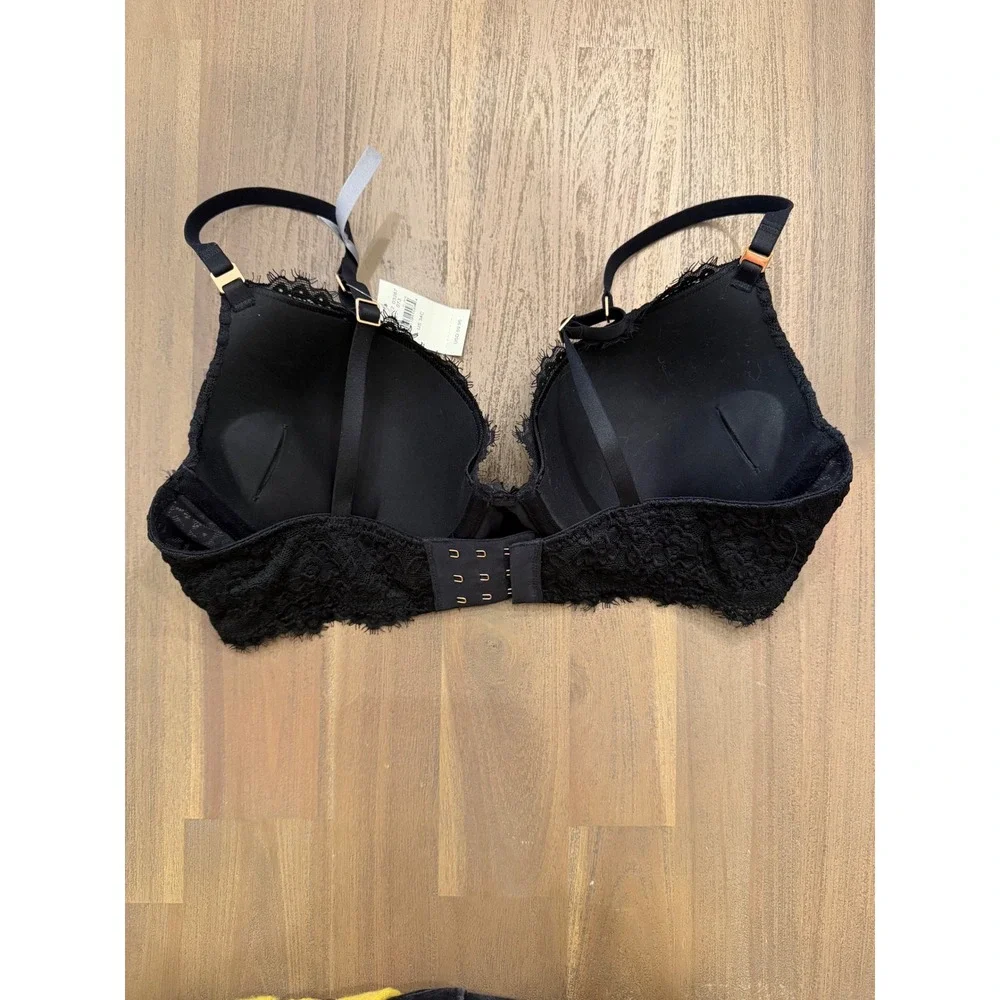Aerie Black Lace‎ Plunge Bra Padded Underwire Eyelash Trim 34C 4898-073